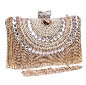 Bling Rhinestone Handbag Tassel Pearl Clutch Evening Bag Goldtone Formal Crystal